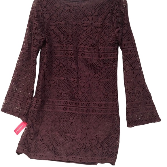 NWT Purple Boho Lace Overlay Long Flare Sleeve V Neck Pullover Mini Dress - Med - Picture 7 of 10